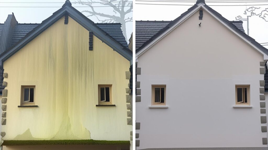 ACCUEIL génère des images pareilles avant après pour un service de rénovation de façade effectué par un couvreur pro